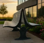 Dizaina sols ar metāla caurulītēm un plastmasas korķīšiem pie biroju ēkas saulrietā