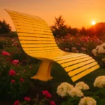 Dzeltenais metāla dizaina dārza sols rožu dārzā saulrietā