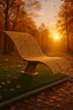 Metāla viļņveida atpūtas sols ar stienīšiem parkā