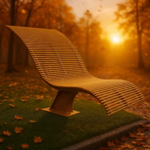 Metāla viļņveida atpūtas sols ar stienīšiem parkā