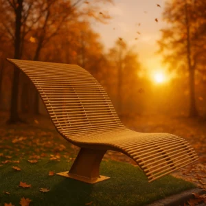 Metāla viļņveida atpūtas sols ar stienīšiem parkā