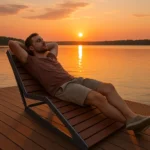 Vīrietis atpūšas uz metāla sola ar koka sēdvirsmu saulrietā pie ezera